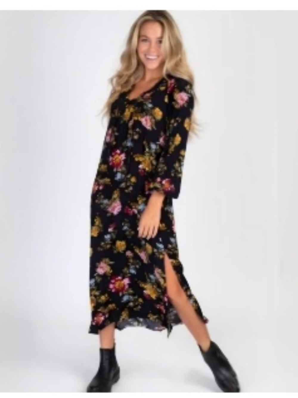 NWT Natural Life Rowan Midi Dress Black Floral Flowy size Large Boho Side Slit